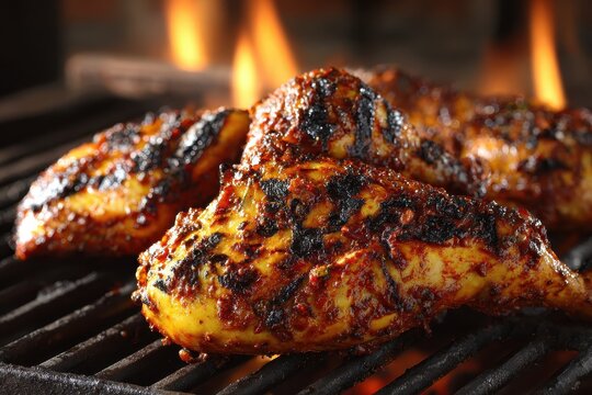 Grilled peri peri chicken with smoky flavors and charred texture on a barbecue grill