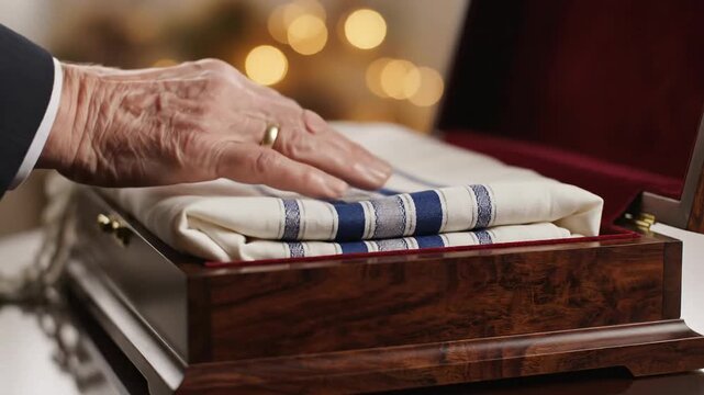 Man Places Tallit Prayer Shawl in Ornate Wooden Box