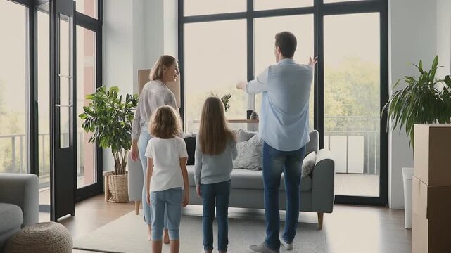 Happy Family Moving into New Home, Excited Couple and Daughters Explore Spacious Interior