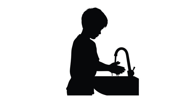 Silhouette of a young boy washing his hands at a sink