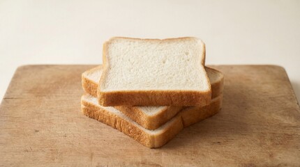 Stack of fresh white bread slices on wooden cutting board with minimal background