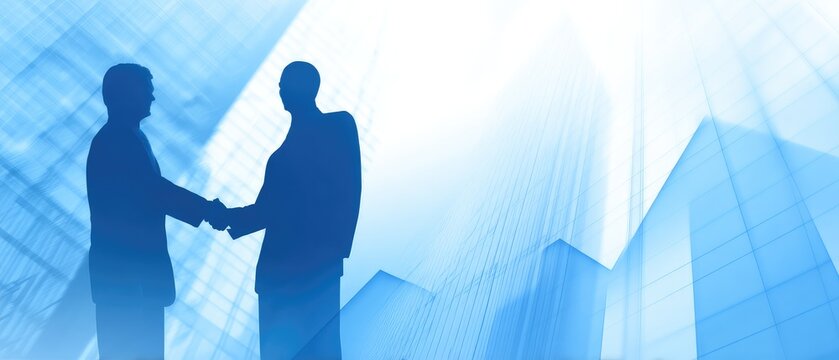 Double exposure image of business people handshake on city office building in background showing partnership success of business deal. Concept of corporate teamwork, trust partner and work agreement.