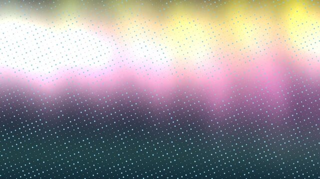 Glowing dots pattern. Colorful halftone effect. Gradient background. White, pink, purple, green dots texture. Seamless design element. Vector illustration.