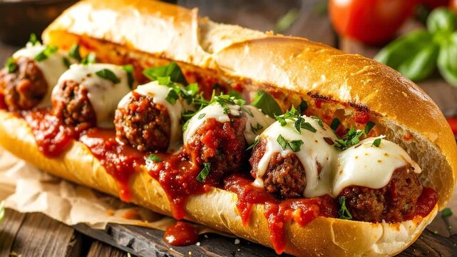 Delicious homemade meatball sub sandwich with melted cheese and fresh herbs on a wooden background.