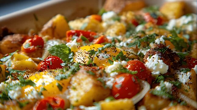 A close-up shot of a colorful dish featuring halved tomatoes, yellow yolks, fresh green herbs, and cheese, all arranged attractively