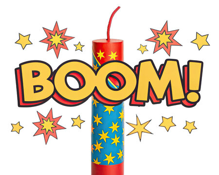 Colorful cartoon firework exploding with starburst and boom text transparent background