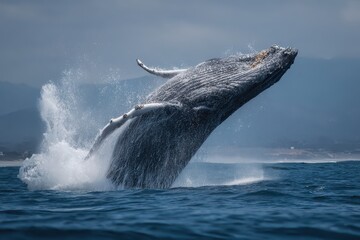 Fototapeta premium Exceptional display of a full Humpback Whale breaching in the waters off the coast during a calm summer day in a natural marine habitat