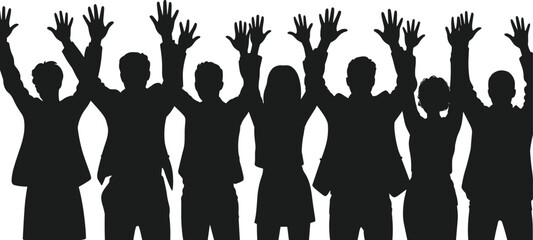 Group, people, silhouettes, raised, hands, celebration, teamwork, success, unity, crowd, community, diversity, achievement, motivation, business, event, concept, flat, vector, illustration