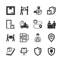 Delivery and shipping service, monochrome icons set. Parcel delivery process, courier service, logistics operation, order fulfillment, package handling. Black and white symbols style