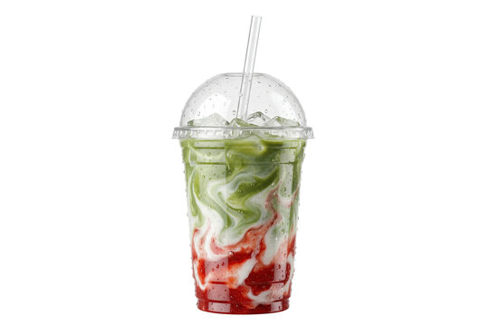 swirled iced strawberry matcha latte in a takeaway cup with condensation, isolated cutout