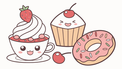 Kawaii Cute Dessert Icons Happy Cupcake Donut Coffee for Cafe Menu Web Design Sweet Treat Promotion