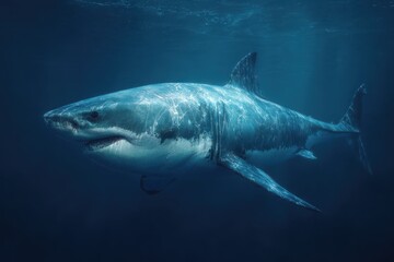 Fototapeta premium Megalodon side profile showing realistic details underwater in clear blue ocean environment
