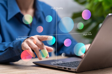Marketing positioning strategy and perceptual map concept, Businesswoman analyzing target audience, Brand differentiation, Competitive landscape, Marketer pointing positioning map, Strategic brand