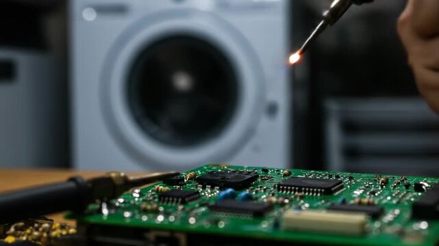 An Electronic Circuit Board Being Repaired by Soldering Iron with a Blurred Washing Machine in the Background.