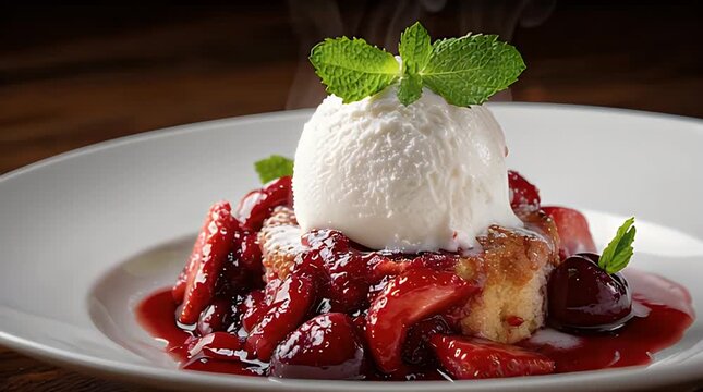 A close-up shot of dessert featuring a scoop of white topping over a vibrant red fruit compote atop a baked base, with a garnish