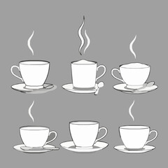 Obraz premium Black cappuccino line art vector set with cups, beans, and barista tools on white background