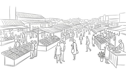 Obraz premium Black and White Market Scene Depicting People Shopping and Vendors