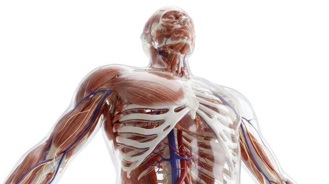 Anatomical illustration showing the upper body of a human figure with muscle and bone structure visible on a white png with transparency