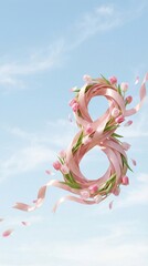 Fototapeta premium Number 8 Made of Pink Satin Ribbon and Tulips Floating in Blue Sky, International Womens Day Banner Background