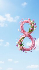 Number 8 Made of Pink Satin Ribbon and Tulips Floating in Blue Sky, International Womens Day Banner Background