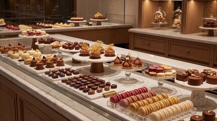 Fototapeta premium Assortment of handmade pastries and chocolates in wooden display case. Craft confectionery showcase with macarons tarts and truffles. Artisanal bakery sweets for gourmet dessert lovers and fine