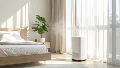 minimal bedroom with white air purifier © benjawan