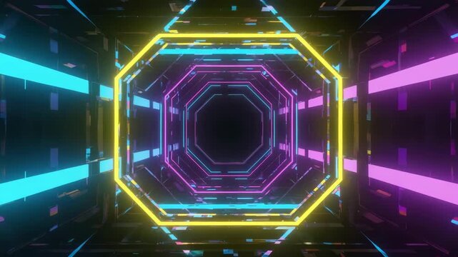Neon Tunnel Stock Video with Repeating Geometric Rings in Bright Colors