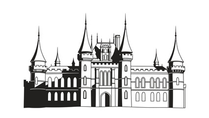 Fototapeta premium Detailed Black and White Castle Illustration with Spired Towers and Arches