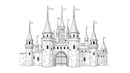 Obraz premium Detailed Black and White Castle Illustration with Towers and Flags