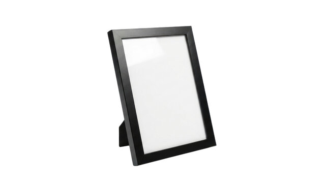 A black picture frame stands angled with a blank white insert on a small easel type stand displaying a modern look white background cutout