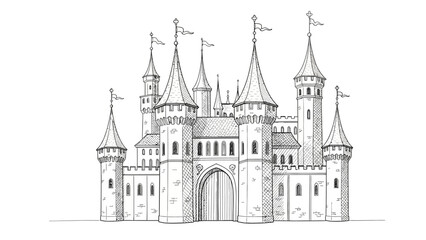 Obraz premium Detailed Pen and Ink Drawing of a Fairytale Castle with Towers