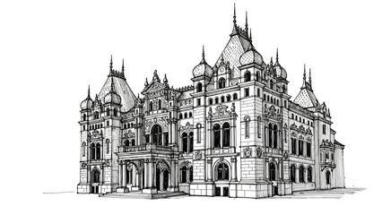 Obraz premium Detailed Pen and Ink Drawing of Ornate Architectural Building Facade