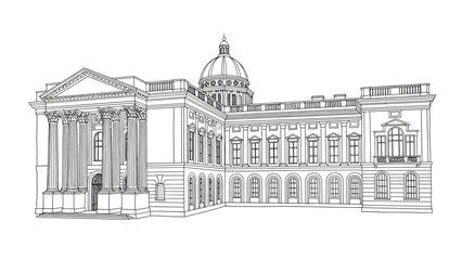 Obraz premium Detailed Architectural Line Drawing of a Grand Classical Building with Dome