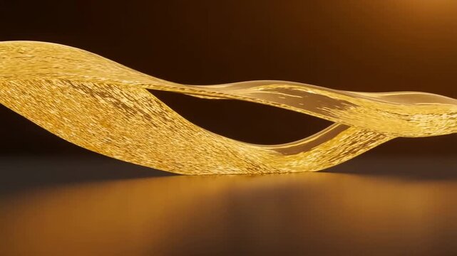 Luxurious golden liquid wave flowing smoothly with shimmering reflective surface in dark studio environment showing clear space for logo or text reveal elegant fluid animation