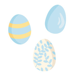 A set of three Easter eggs in blue and yellow. Vector illustration with floral and geometric patterns. Ideal for backgrounds, prints, and cards.