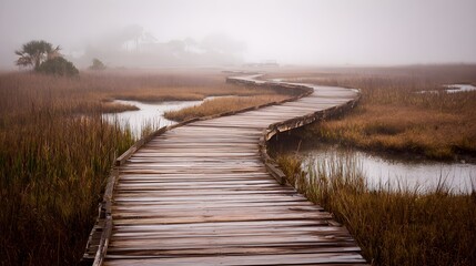 Fototapeta premium Winding wooden boardwalk through a misty marsh with tall reeds and serene water reflections on a foggy day