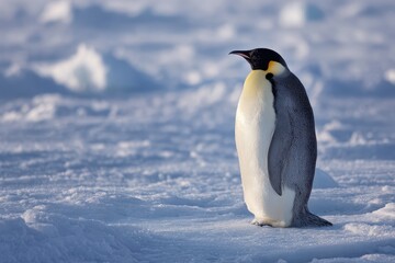 Adult emperor penguin standing on icy terrain in the Antarctic landscape during the morning light showcasing its distinctive features and environment