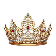 Gold royal crown with red gems and pearls intricate design isolated on transparent background