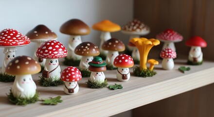 Collection of Whimsical Mushroom Figurines Displayed.