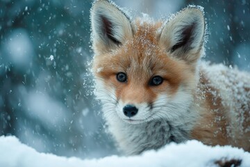 Obraz premium Cute baby fox stands in soft snow during a winter day, showcasing its playful nature and beautiful fur against a tranquil, snowy backdrop