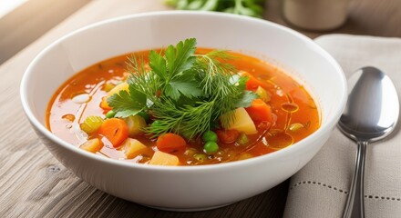 Delicious Vegetable Soup with Fresh Herbs.
