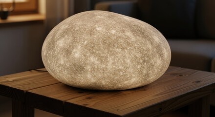 Glowing Rock Lamp on Wooden Table.