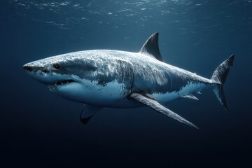 Fototapeta premium Majestic white shark swimming gracefully in the ocean depths showcasing its powerful physique and keen hunting instincts during daylight hours