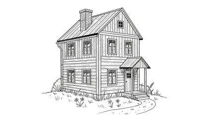 Naklejka premium Detailed Black and White Line Art Illustration of a Wooden House