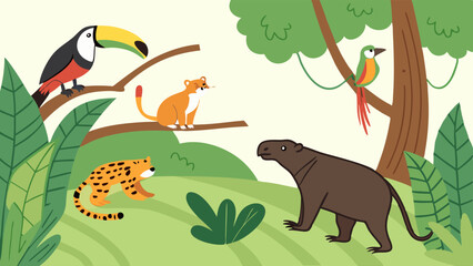 Naklejka premium Vibrant Amazon Rainforest Wildlife Scene Featuring Jaguar Toucan Puma and Capybara for Educational Ecology Web Design Projects