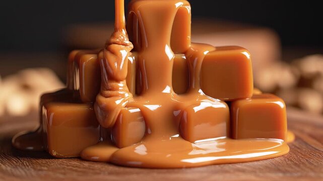Indulge in Decadence: Slow-Motion Caramel Drizzle over Stacked Squares of Sweetness