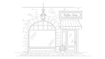 Detailed Line Art Illustration of a Coffee Shop Facade with Awning