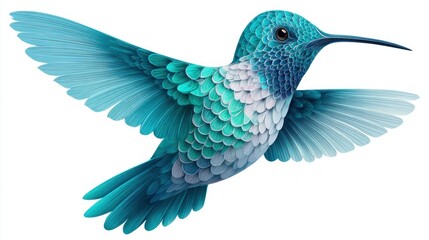Obraz premium Exquisite turquoise hummingbird with iridescent feathers in flight against a white background