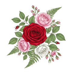 Elegant bouquet of red and pink roses with green leaves isolated on transparent background