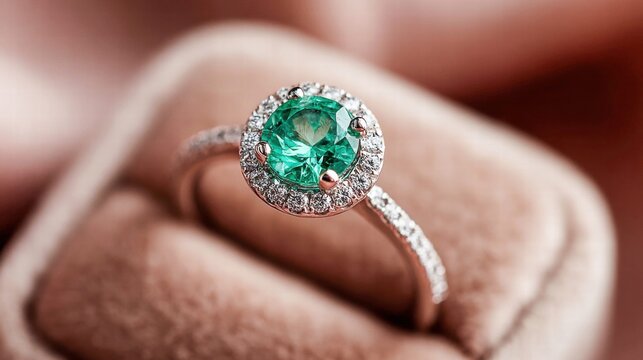 Emerald ring with diamond halo in a jewelry box